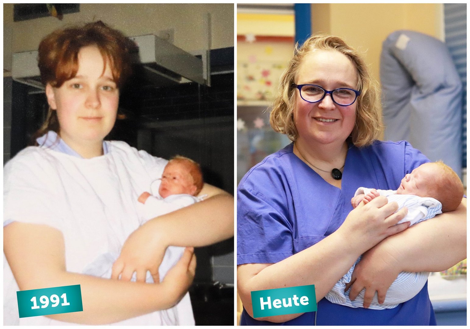 Zweigeteiltes Bild: dieselbe Frau 1993 und heute mit Neugeborenem im Arm
