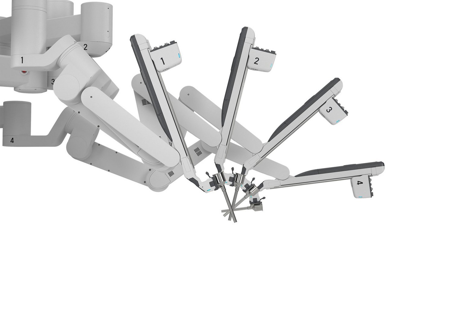 Sechsarmiger OP-Roboter mit präzisen Instrumenten vor weißem Hintergrund