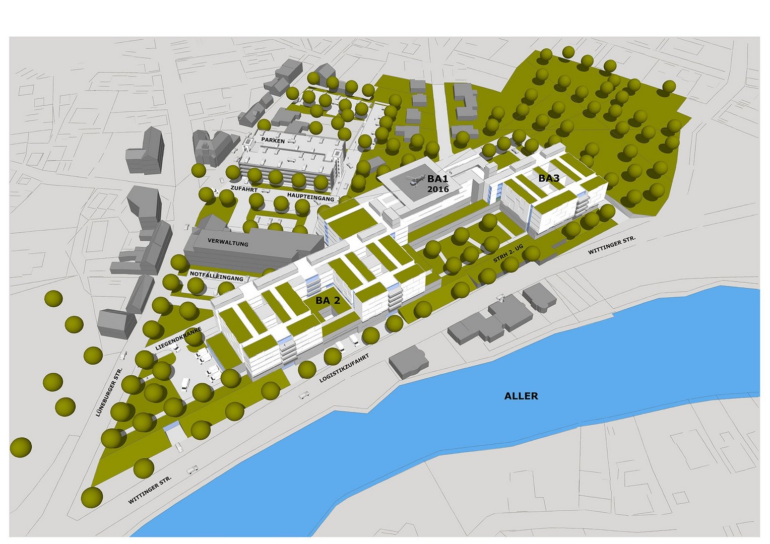 Luftbildartige Visualisierung des geplanten Klinikcampus am Flussufer.