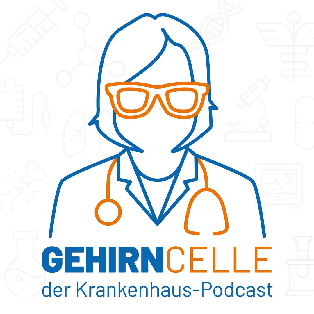 Logo des Podcasts ‚GEHIRNCELLE – der Krankenhaus Podcast‘ mit Arztfigur.